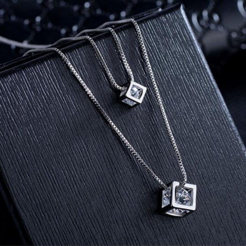 NEW 925 Sterling Silver Diamond Cube Necklace